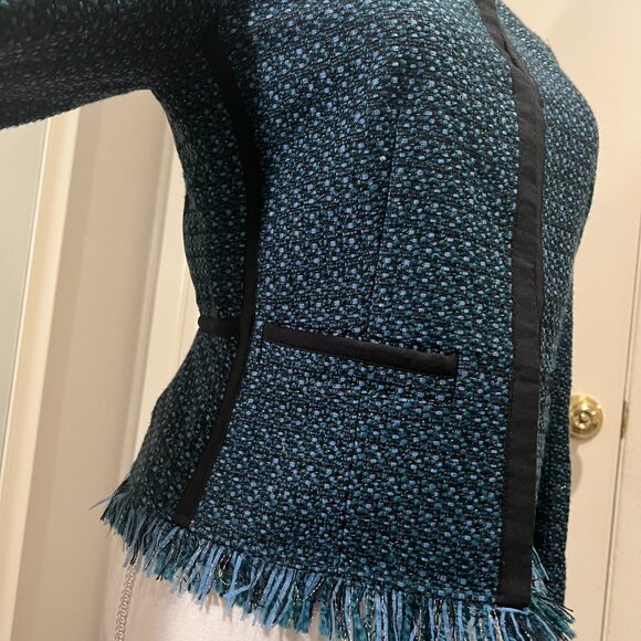 Juicy Couture Black Label Blue & Black Tweed Fringe Jacket, Size 4 - Picture 9 of 16